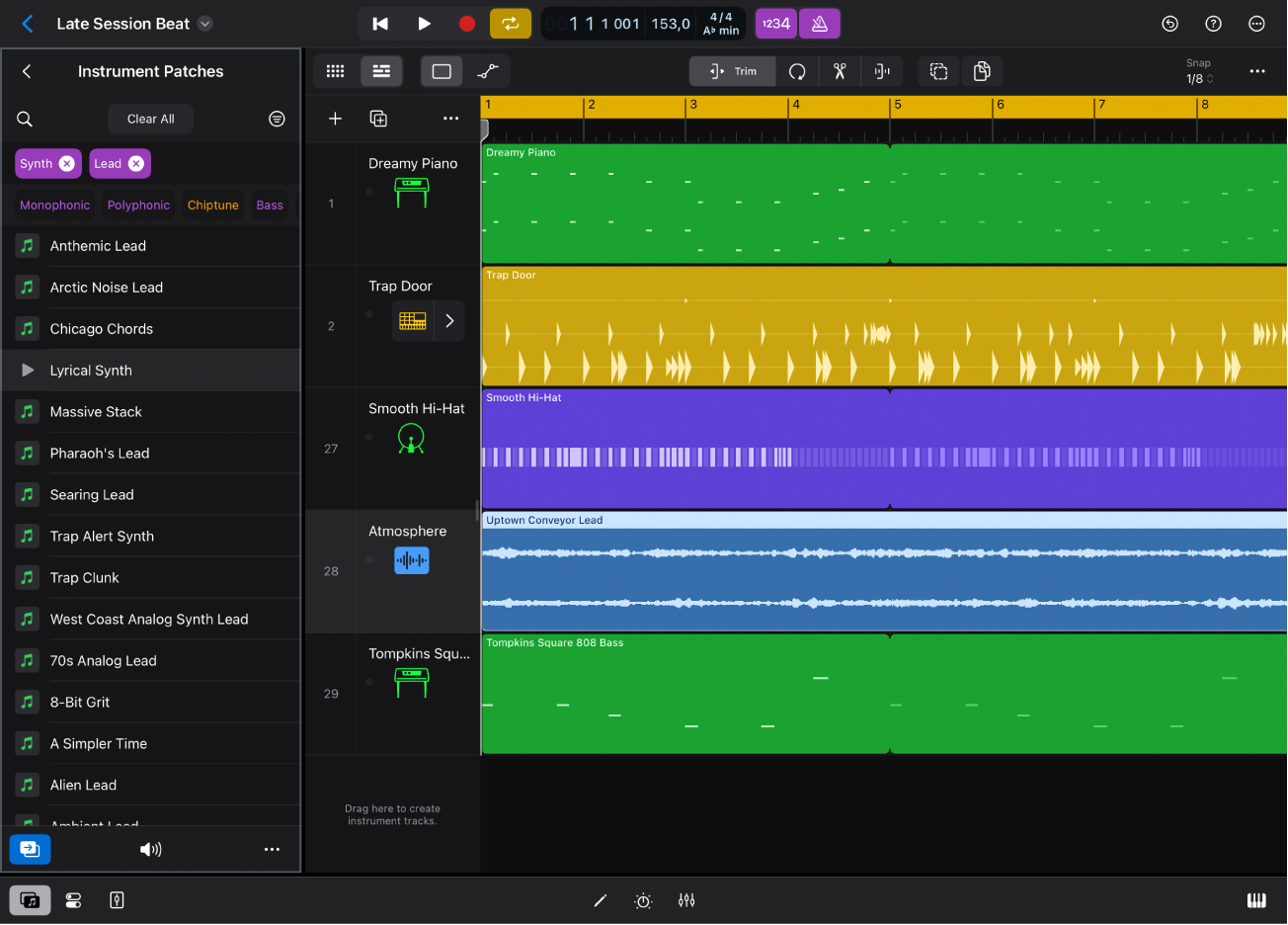 Figure. Logic Pro for iPad showing Instrument Patches view in the Browser.