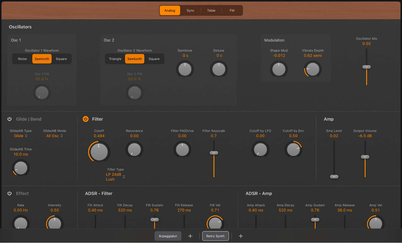 Figure. Retro Synth Analog oscillator parameters.