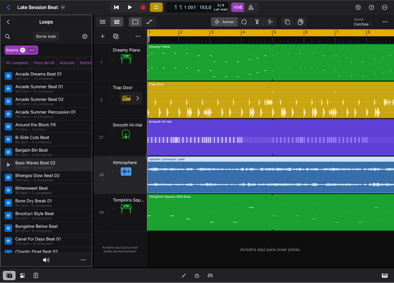 Ilustración. Logic Pro para iPad con la vista Loops en el explorador.