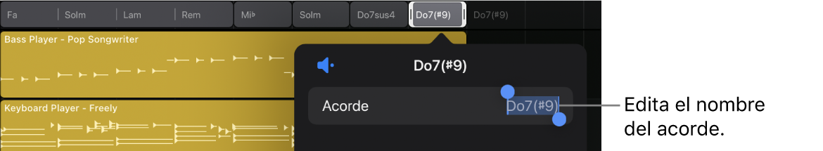 Ilustración. Cuadro de diálogo “Editar acorde” abierto con el campo Acorde seleccionado y listo para editar.