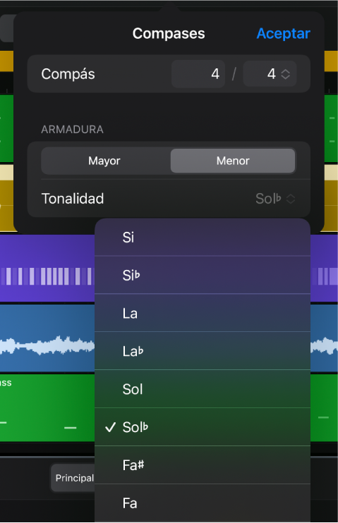 Cuadro de diálogo Compases con el área Armadura y el menú desplegable Tonalidad abierto.