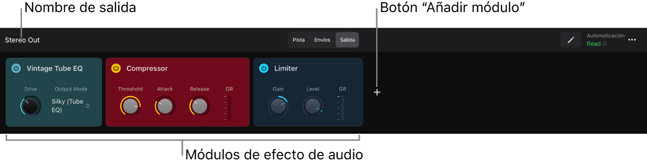 Ilustración. “Vista de salida” del área de módulos con el nombre de salida, los módulos de efectos de audio y el botón “Añadir módulo”.