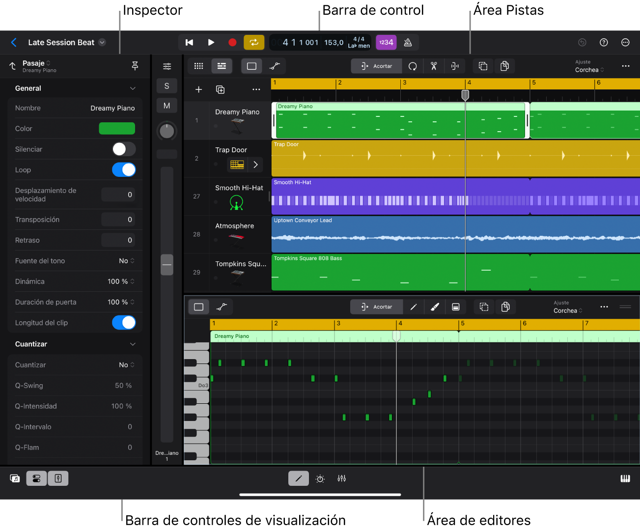 Ilustración. Interfaz de Logic Pro con el área de pistas, el inspector y el editor de teclado abiertos.