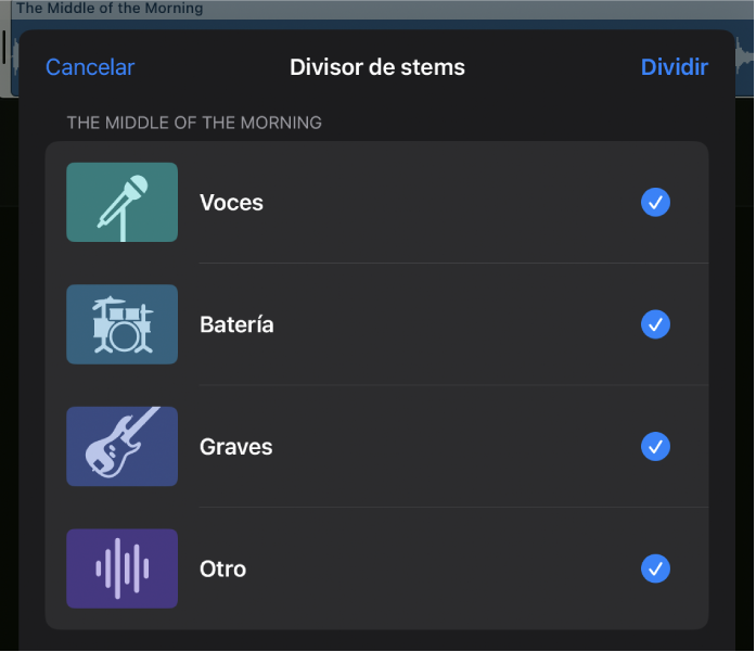 Ilustración. Cuadro de diálogo “Divisor de stems” con los stems seleccionados.