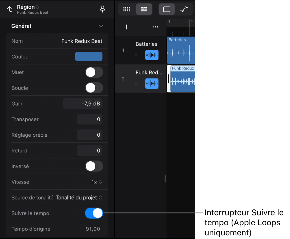 Figure. Inspecteur de région affichant le commutateur « Suivre le tempo » pour les boucles audio Apple Loops.