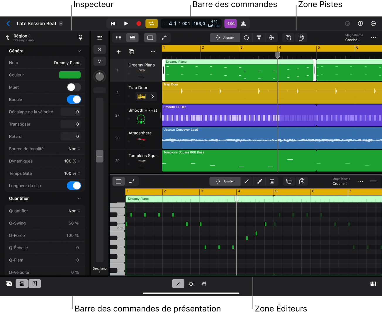 Figure. Projet Logic Pro en cours de lecture, avec la zone de pistes, l’inspecteur et l’éditeur de partition défilante visibles.