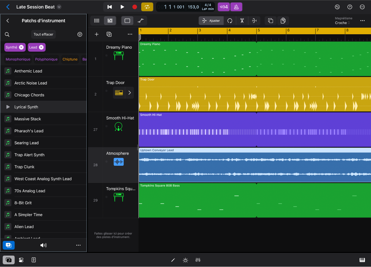 Figure. Logic Pro pour iPad montrant la présentation « Patchs d’instrument » dans le navigateur.