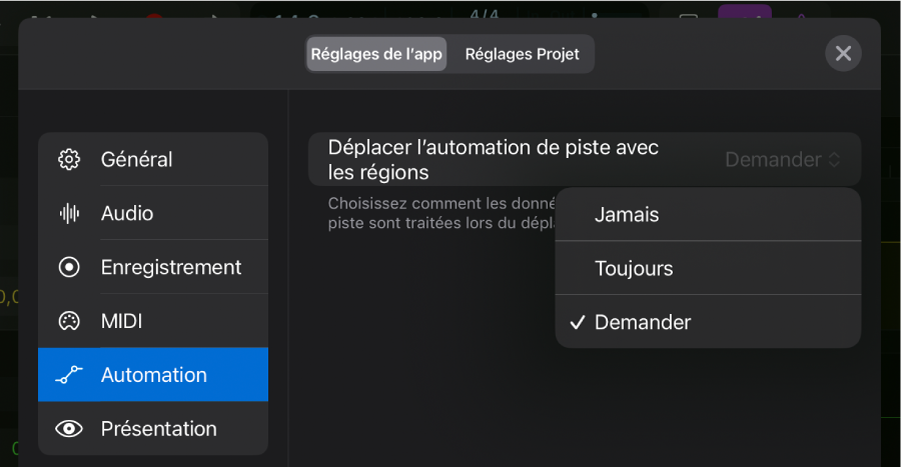 Figure. Section Automation de « Réglages de l’app ».