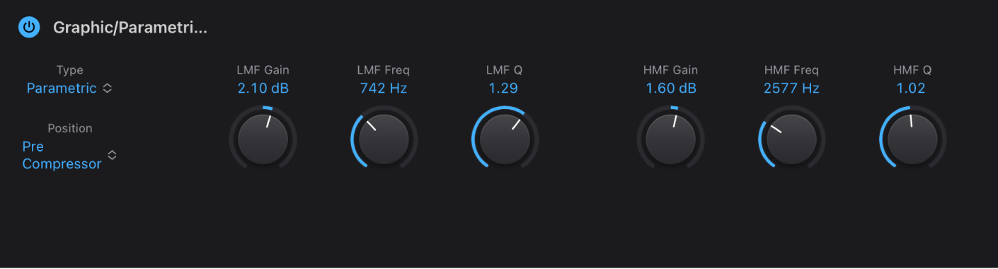 Figure. Paramètres Parametric EQ pour Bass Amp Designer.