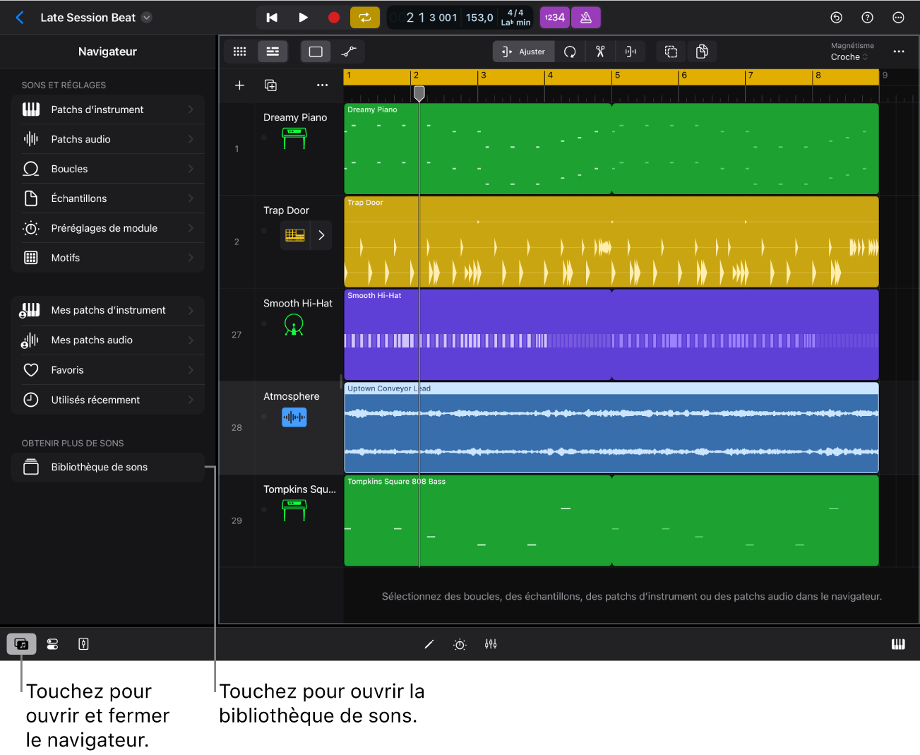 Figure. Navigateur dans Logic Pro pour iPad.