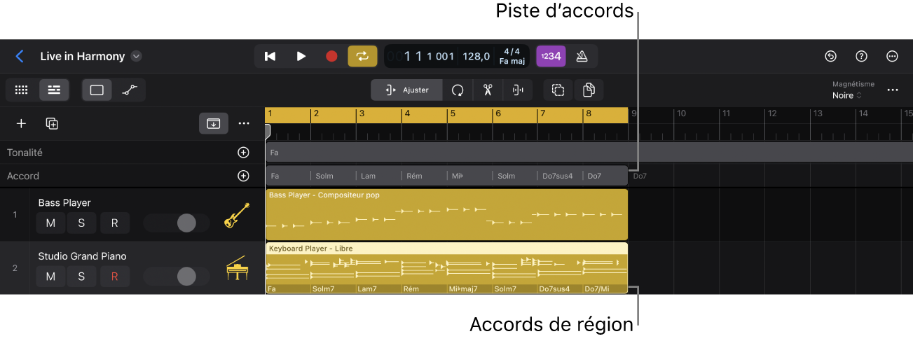 Figure. Zone Pistes de Logic Pro montrant la piste d’accords avec des accords et des groupes d’accords, et une région Session Player avec des accords de région.