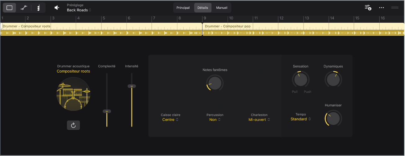 Figure. L’éditeur de Session Player montrant la présentation Détails du batteur acoustique.