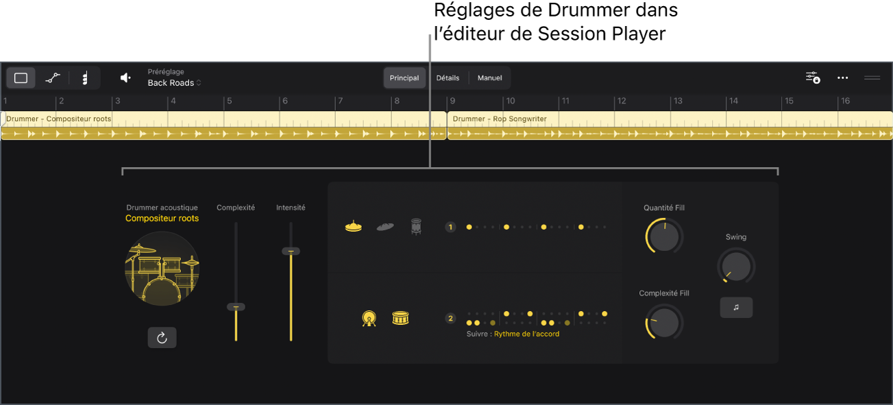 Figure. Éditeur de Session Player avec les réglages Drummer.