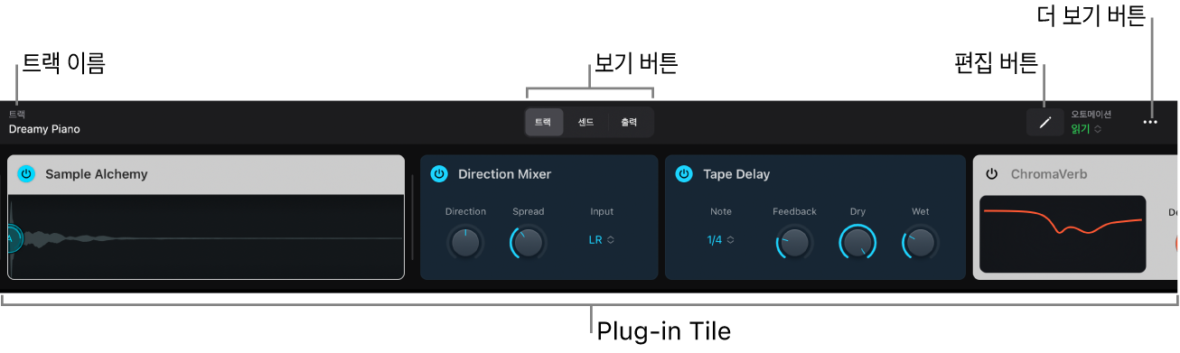 그림. Plug-in Tile, 보기 버튼, 편집 버튼, 오토메이션 모드 팝업 메뉴 및 더 보기 버튼을 보여주는 플러그인 영역.