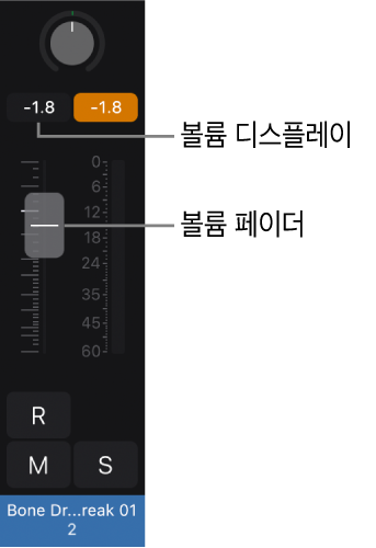 그림. 볼륨 페이더 및 볼륨 디스플레이를 보여주는 채널 스트립.