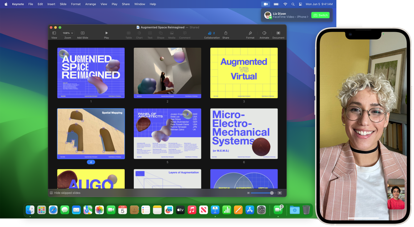 مكالمة فيس تايم على iPhone بجوار سطح مكتب Mac مع نافذة Keynote مفتوحة. في الزاوية العلوية اليسرى من الـ Mac، يوجد زر لتبديل مكالمة فيس تايم إلى Mac.