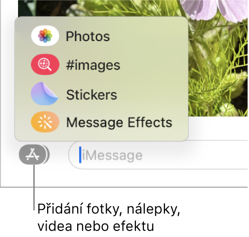 Nabídka Aplikace s volbami pro zobrazení fotek, nálepek, GIFů a efektů ve zprávách