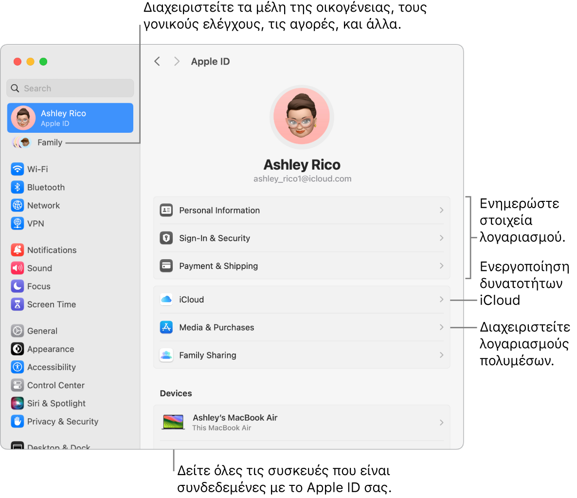 Οι ρυθμίσεις Apple ID στις Ρυθμίσεις συστήματος με επεξηγήσεις για ενημέρωση των στοιχείων λογαριασμού, ενεργοποίηση ή απενεργοποίηση δυνατοτήτων iCloud, διαχείριση λογαριασμών πολυμέσων, και η Οικογένεια όπου μπορείτε να διαχειριστείτε τα μέλη οικογένειας, τον γονικό έλεγχο, τις αγορές και πολλά άλλα.