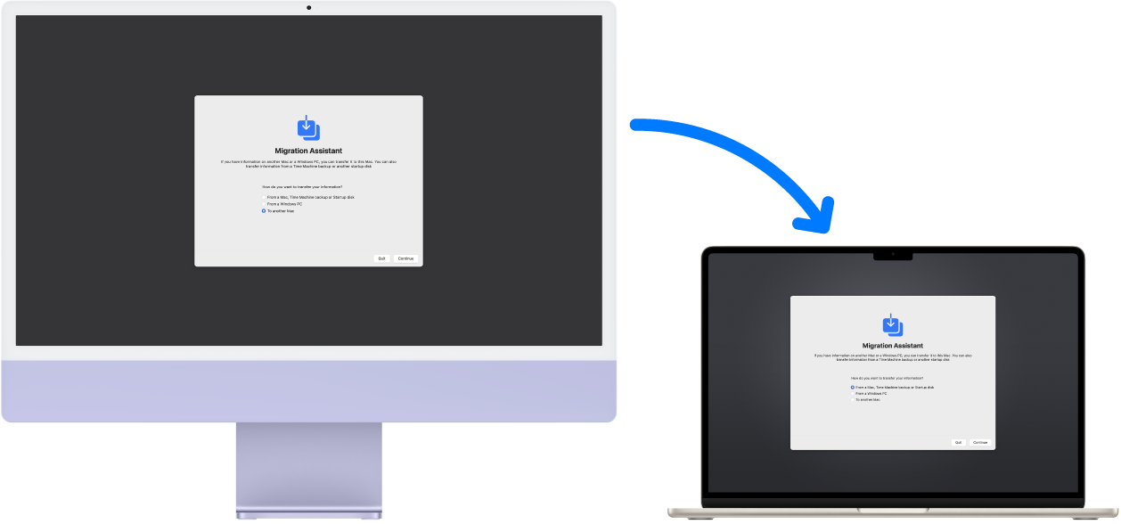 An iMac and a MacBook Air both displaying the Migration Assistant screen. An arrow from the iMac to the MacBook Pro implies the transfer of data from one to the other.