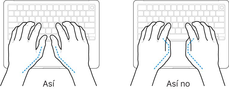 Manos posicionadas sobre un teclado, mostrando la alineación correcta e incorrecta de los pulgares.