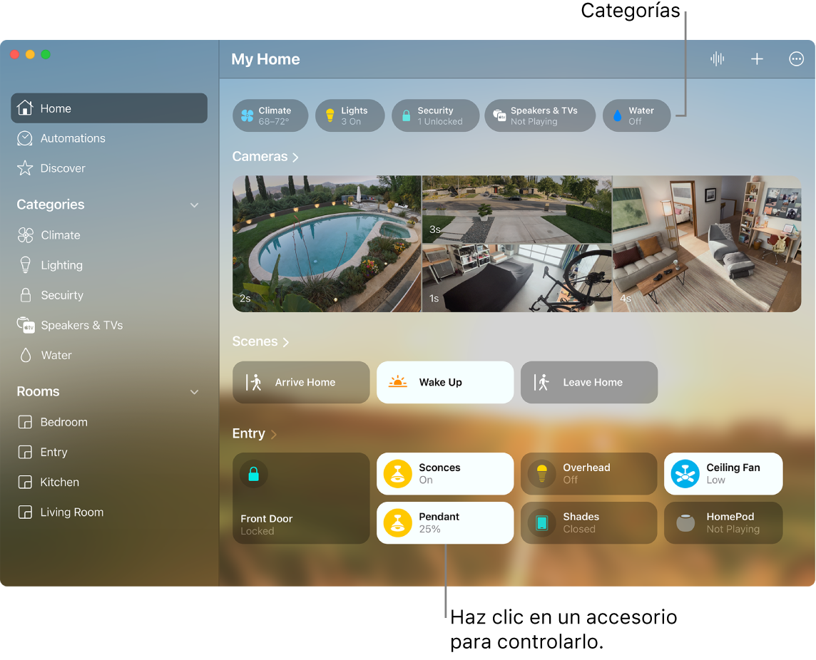 La app Casa con las categorías y los ambientes y accesorios favoritos del usuario.