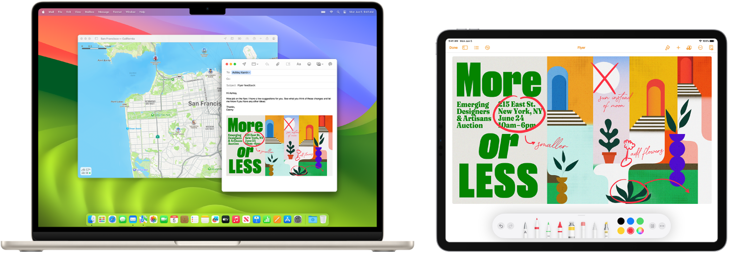MacBook Airi ja iPadi kuvatakse üksteise kõrval. iPadi ekraanil on flaier märgistustega. MacBook Airi ekraanil on Maili kiri koos manustatud iPadi märgistatud flaieriga.