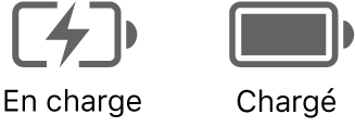 Icône dʼétat de batterie en charge et chargée.