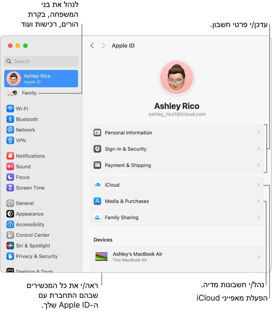 הגדרות Apple ID בתוך ״הגדרות המערכת״ עם הסברים על עדכון פרטי החשבון, הפעלה או כיבוי של מאפייני iCloud, ניהול חשבונות מדיה ו״משפחה״, שם ניתן לנהל בני משפחה, בקרי הורים, רכישות ועוד.