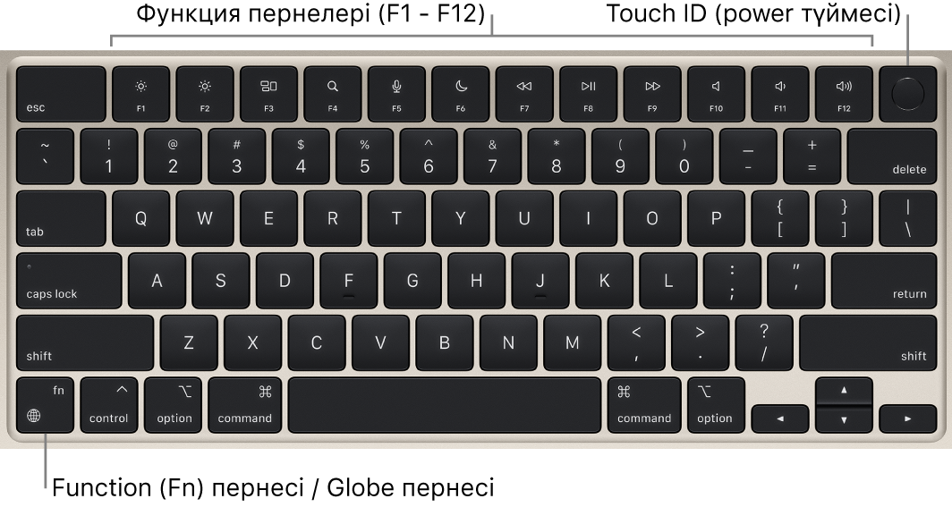 Функциялық пернелер жолын және жоғарғы жақтағы Touch ID қуат түймесін және төменгі сол жақ бұрышта Function (Fn)/Globe пернесін көрсетіп тұрған MacBook Air пернетақтасы.