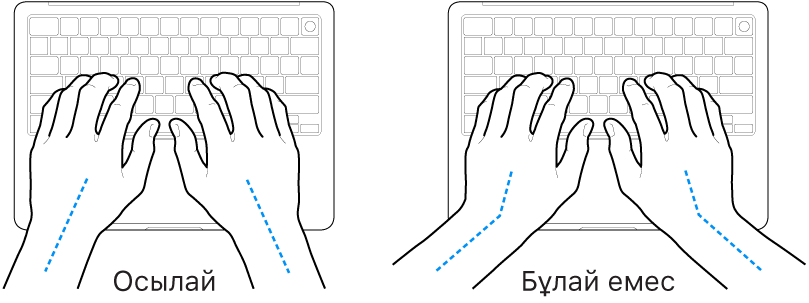 Білек пен қолдың дұрыс және дұрыс емес туралауын көрсетіп тұрған үстінде қолдар бар пернетақта.