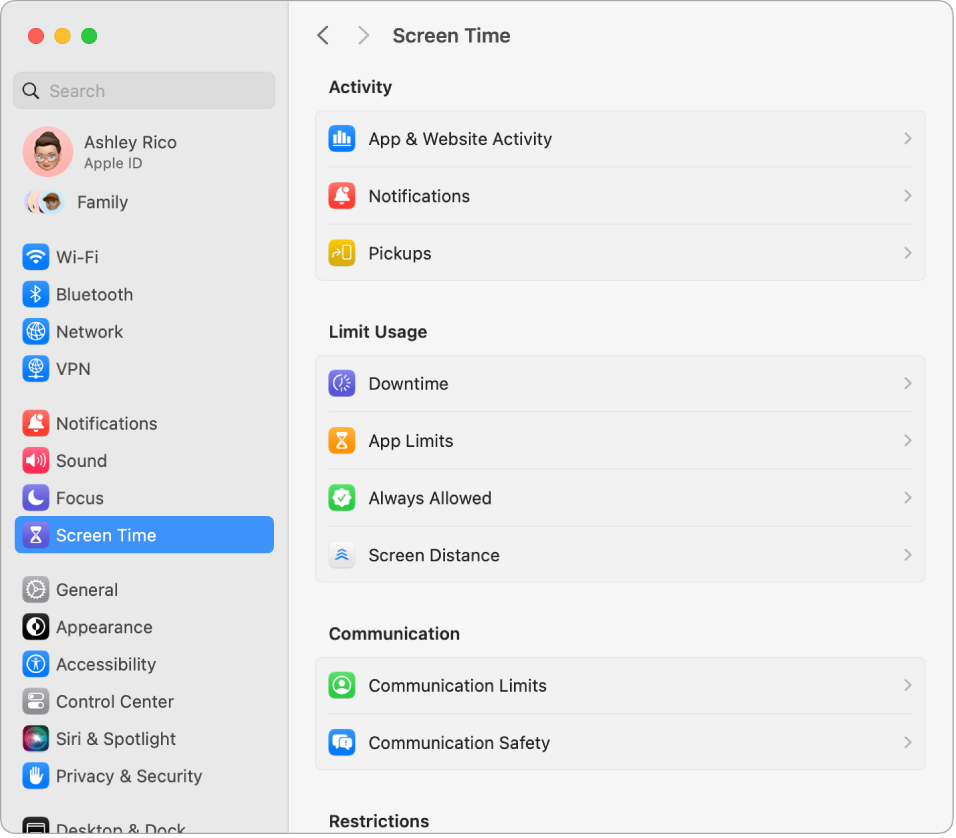 „Screen Time“ nustatym lange matosi parinktys „App Usage“, „Notifications“ ir „Pickups“, taip pat – parinktys, skirtos valdyti „Screen Time“, pavyzdžiui, suplanuoti prastovų laiką, nustatyti programų bei bendravimo limitus ir kt.