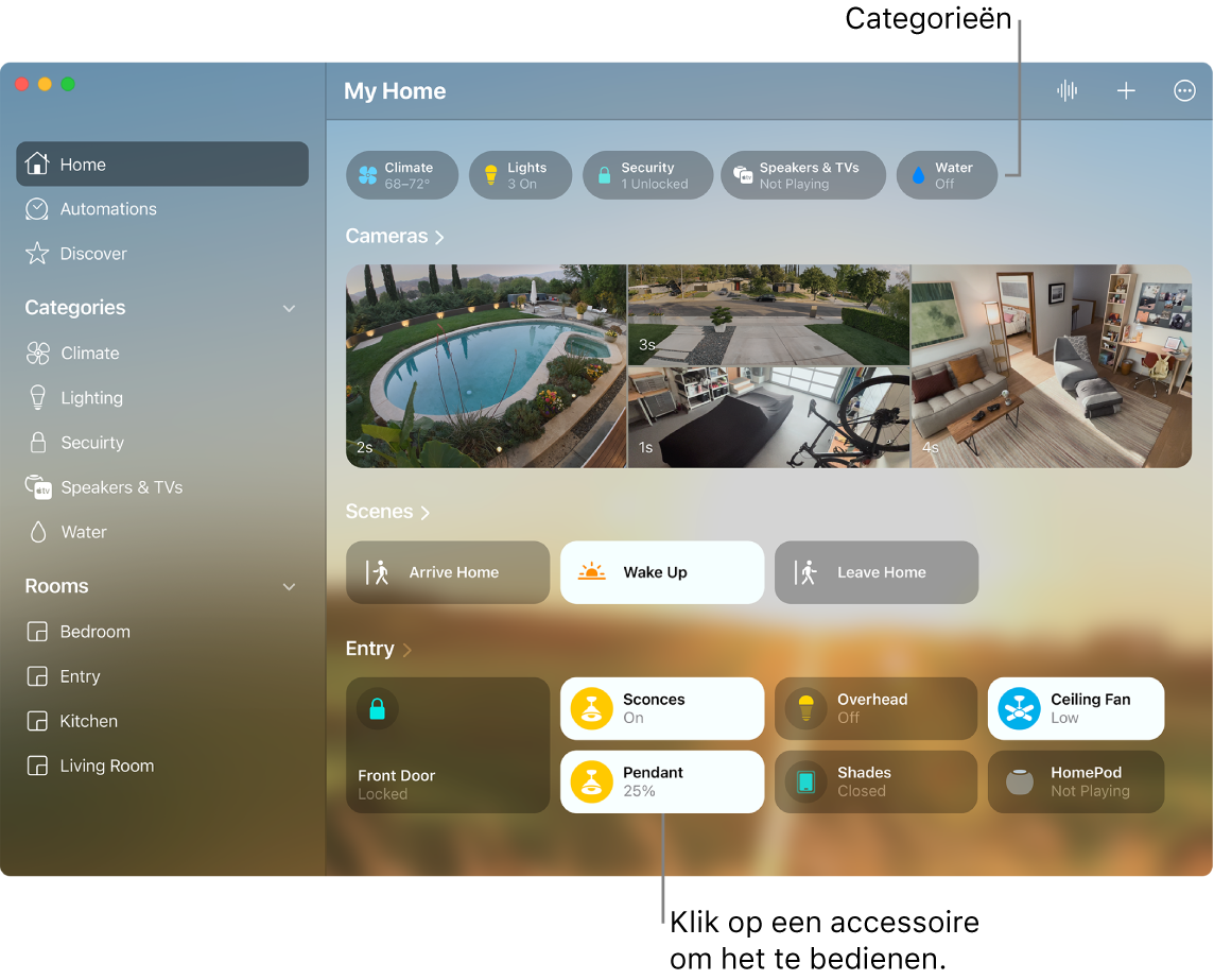 De Woning-app met categorieën, favoriete scènes en favoriete accessoires.