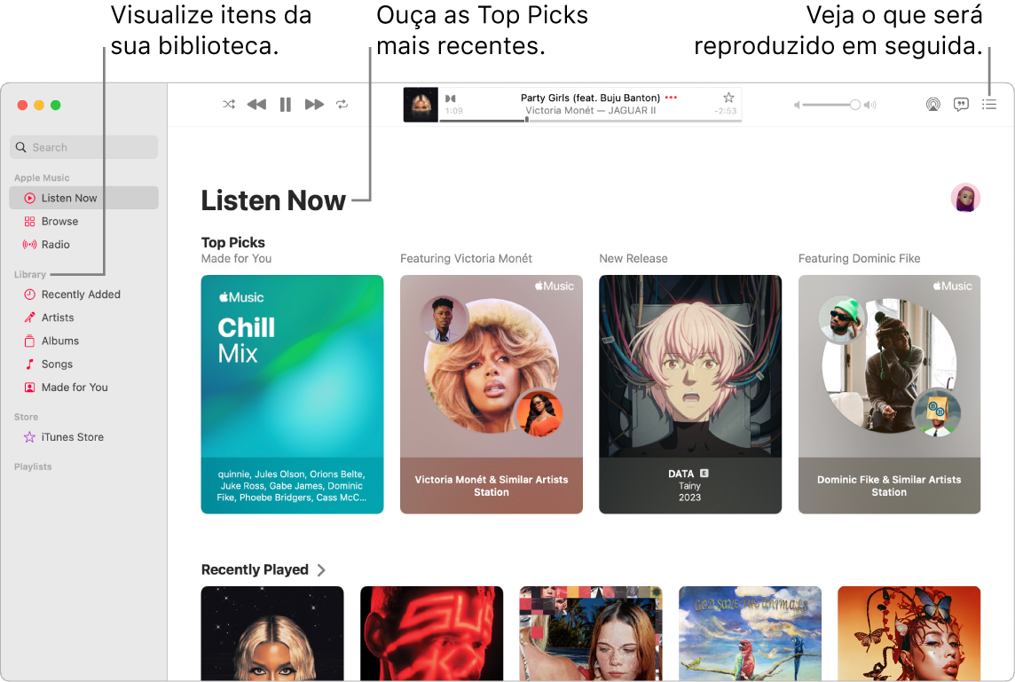 Uma janela do app Música mostrando como visualizar a biblioteca, ouvir o Apple Music e ver o que vai tocar a seguir.