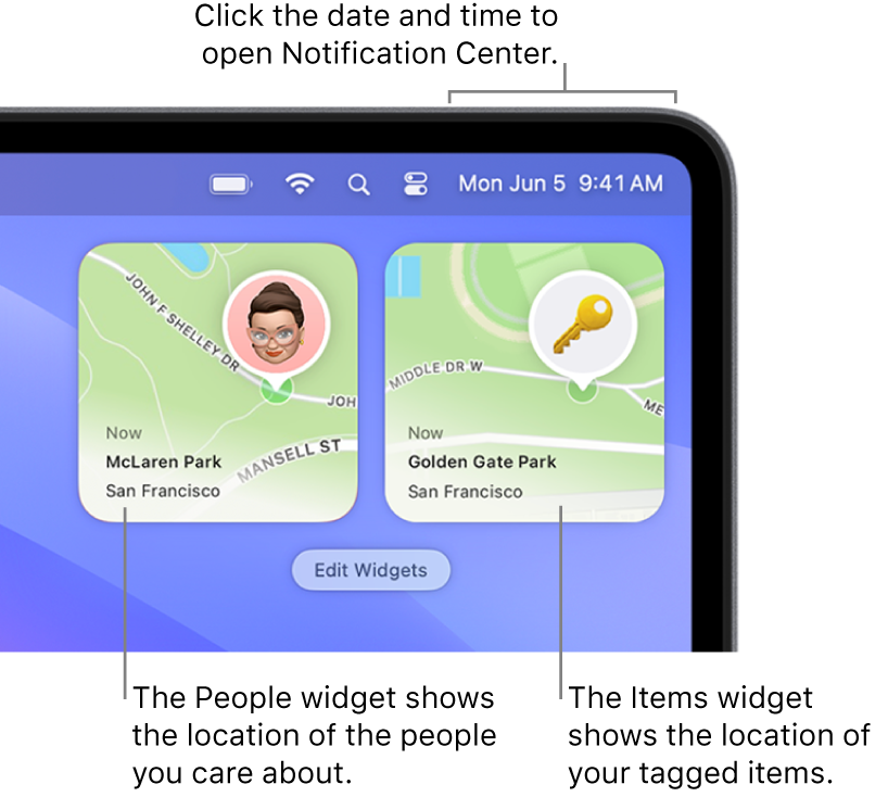 Two Find My widgets—a People widget showing the location of a person, and the Items widget showing the location of a key. Click the date and time in the menu bar to open Notification Center.