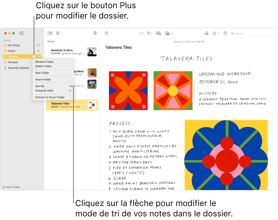 La fenêtre Notes avec un dossier dans la barre latérale affichant le bouton Plus, qui permet d’apporter des modifications à un dossier. Au-dessus de la liste des notes, au milieu, se trouve l’option de tri, qui permet de modifier l’ordre d’affichage des notes. Cliquez sur la flèche pour sélectionner un autre ordre de tri.