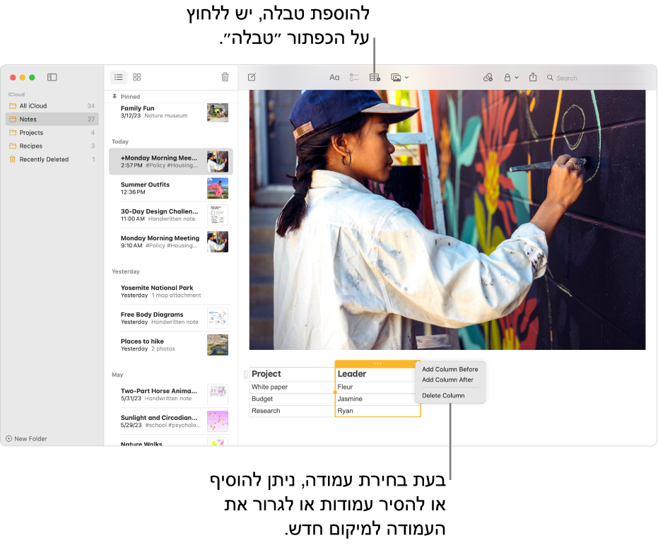 החלון ״פתקים״ עם הכפתור ״טבלה״ – לחץ/י עליו כדי להוסיף טבלה. בתוכן של הפתק נבחרת עמודת טבלה, והמשתמש יכול להוסיף או להסיר עמודות או לגרור את הטבלה למיקום אחר.