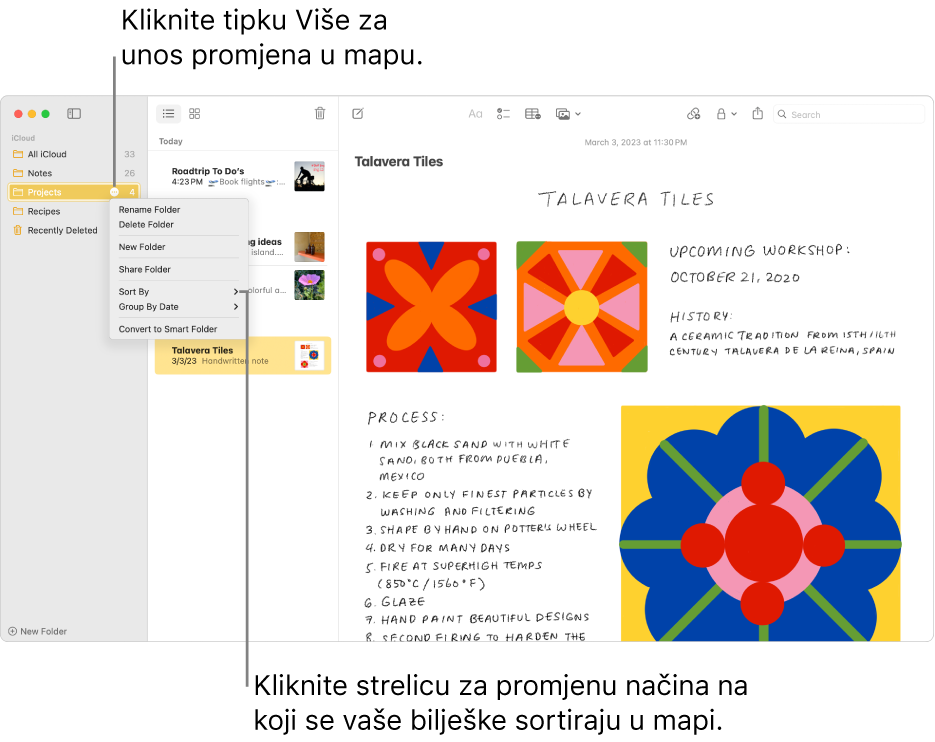 Prozor aplikacije Bilješke s jednom mapom u rubnom stupcu s vidljivom tipkom Više, u kojemu možete izmijeniti mapu. Iznad popisa mapa u sredini je opcija razvrstavanja, kojom se mijenja redoslijed bilješki — kliknite strelicu za odabir drugog redoslijeda razvrstavanja.