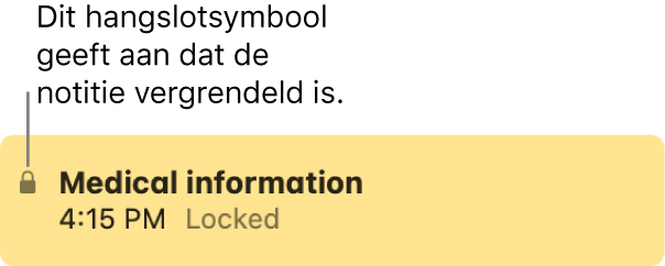 Vergrendelde notitie met een hangslotsymbool helemaal links.