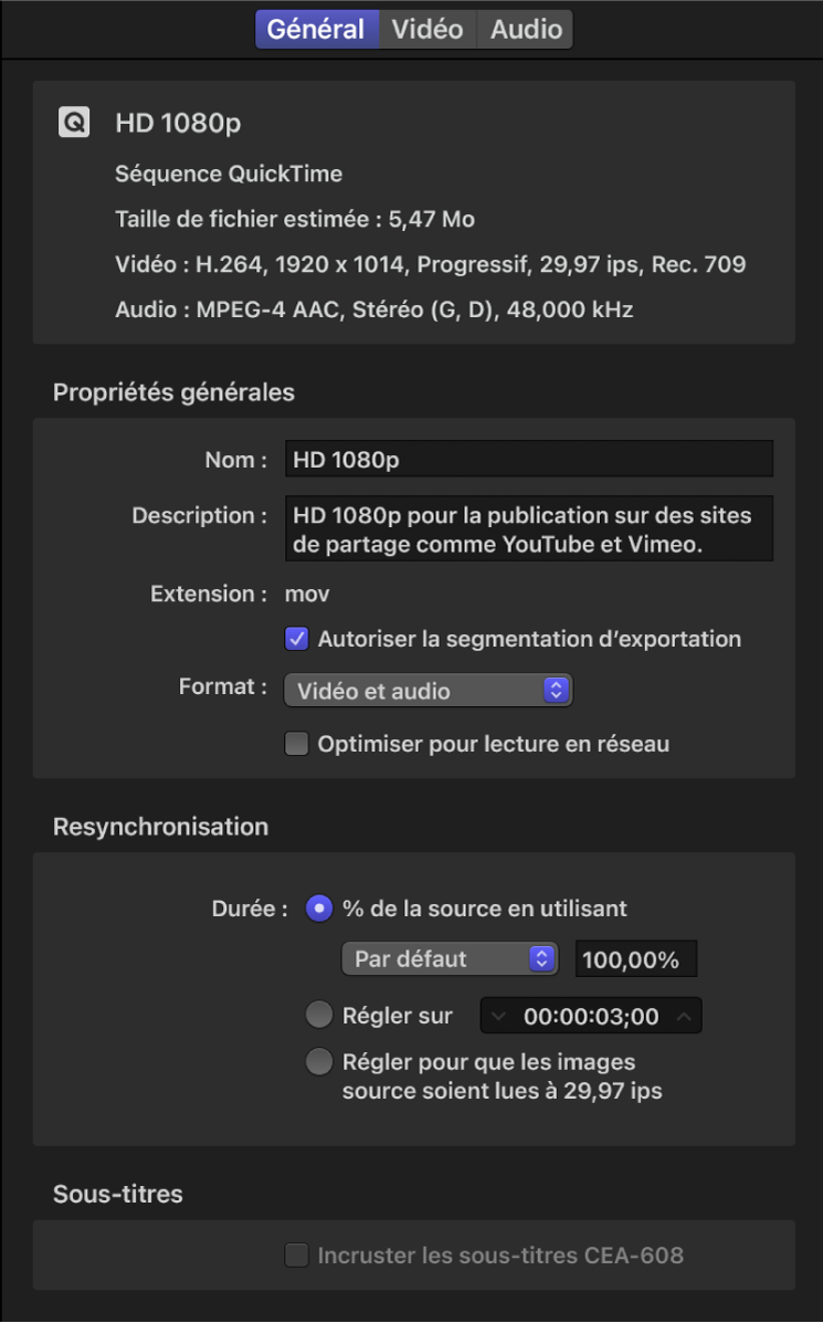 Fenêtre de l’inspecteur affichant les propriétés pour un préréglage HD 1080p.