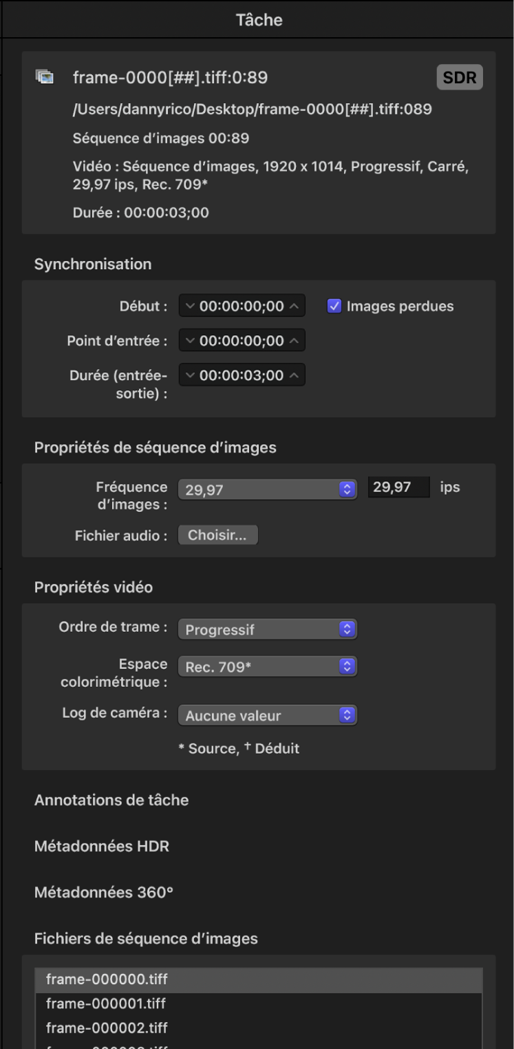 Inspecteur de tâche affichant les propriétés pour une séquence d’images