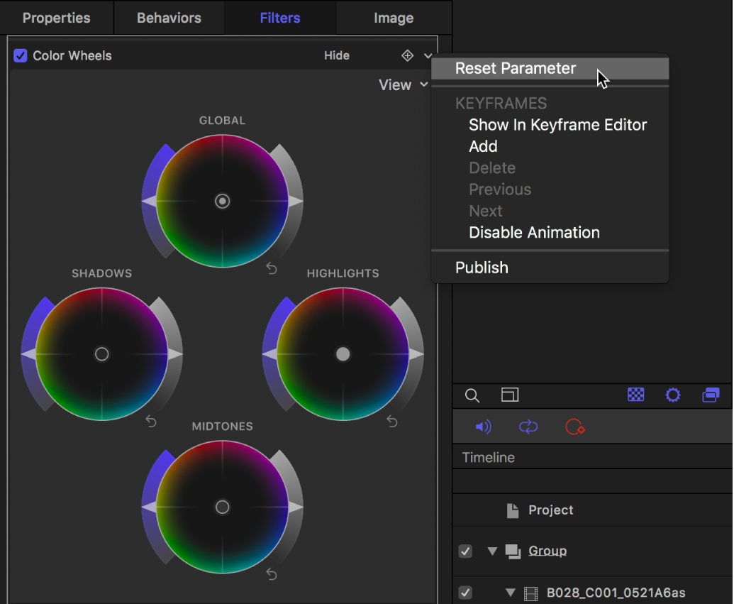 Die Steuerelemente für Farbräder im Informationsfenster „Filter“ mit dem Animationsmenü