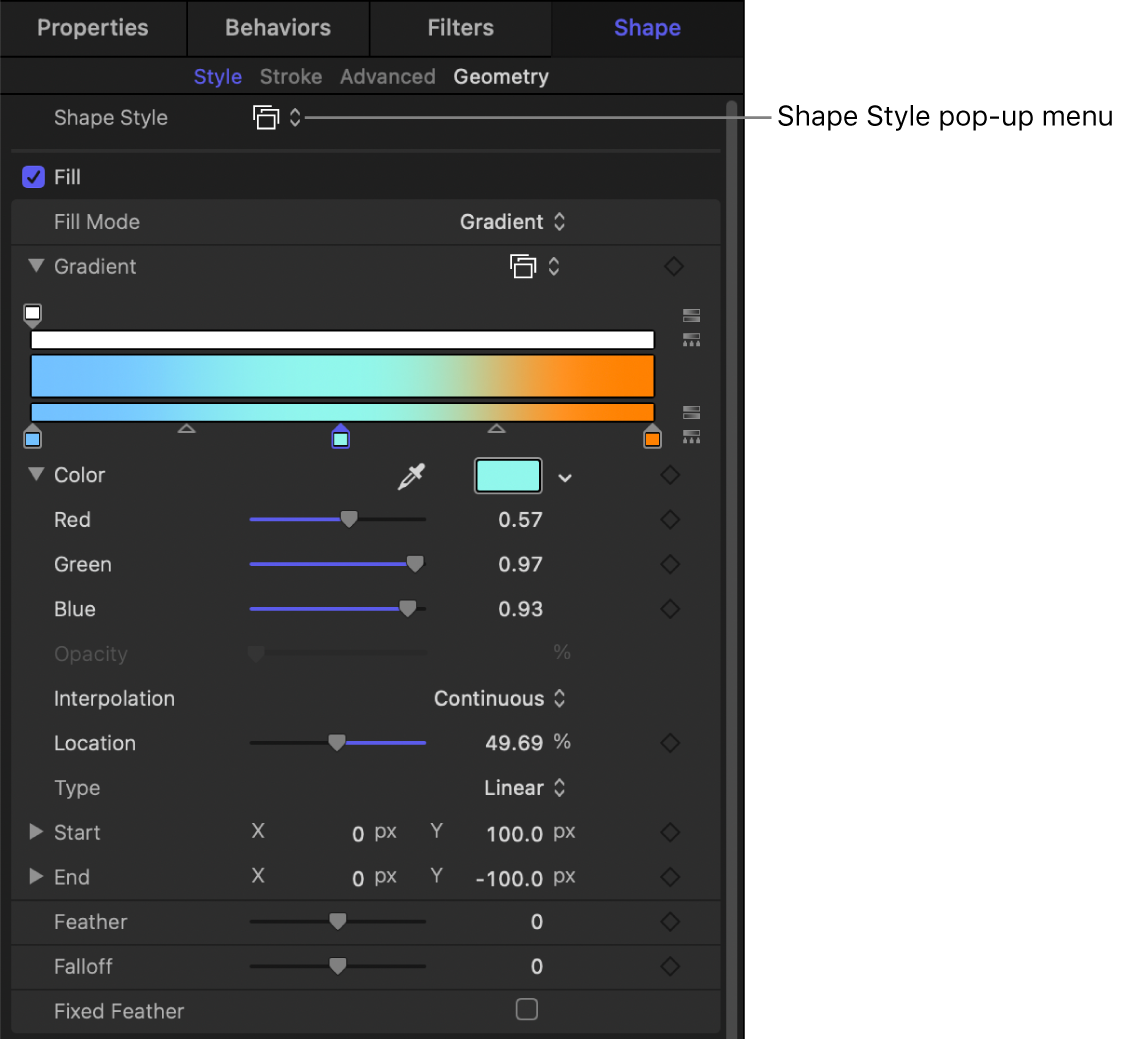 Shape Style pop-up menu in the Style pane of the Shape Inspector