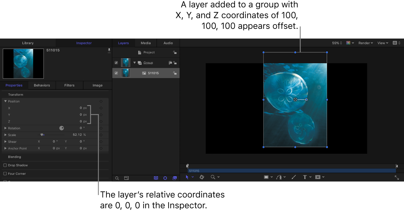 Canvas and Properties Inspector showing layer placed in group at X, Y, Z coordinates of 100, 100, 100; however, the layer’s coordinates are 0, 0, 0.