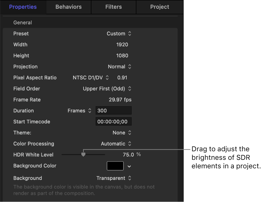 Project Properties Inspector showing HDR White Level slider.