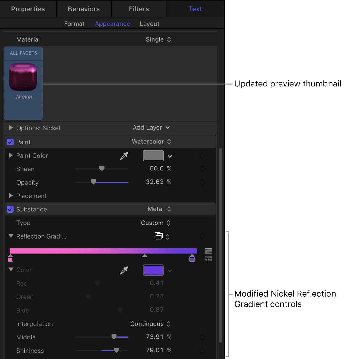 Controles modificados de “Gradación del reflejo” de Níquel y miniatura de previsualización actualizada en el panel Apariencia del inspector de texto