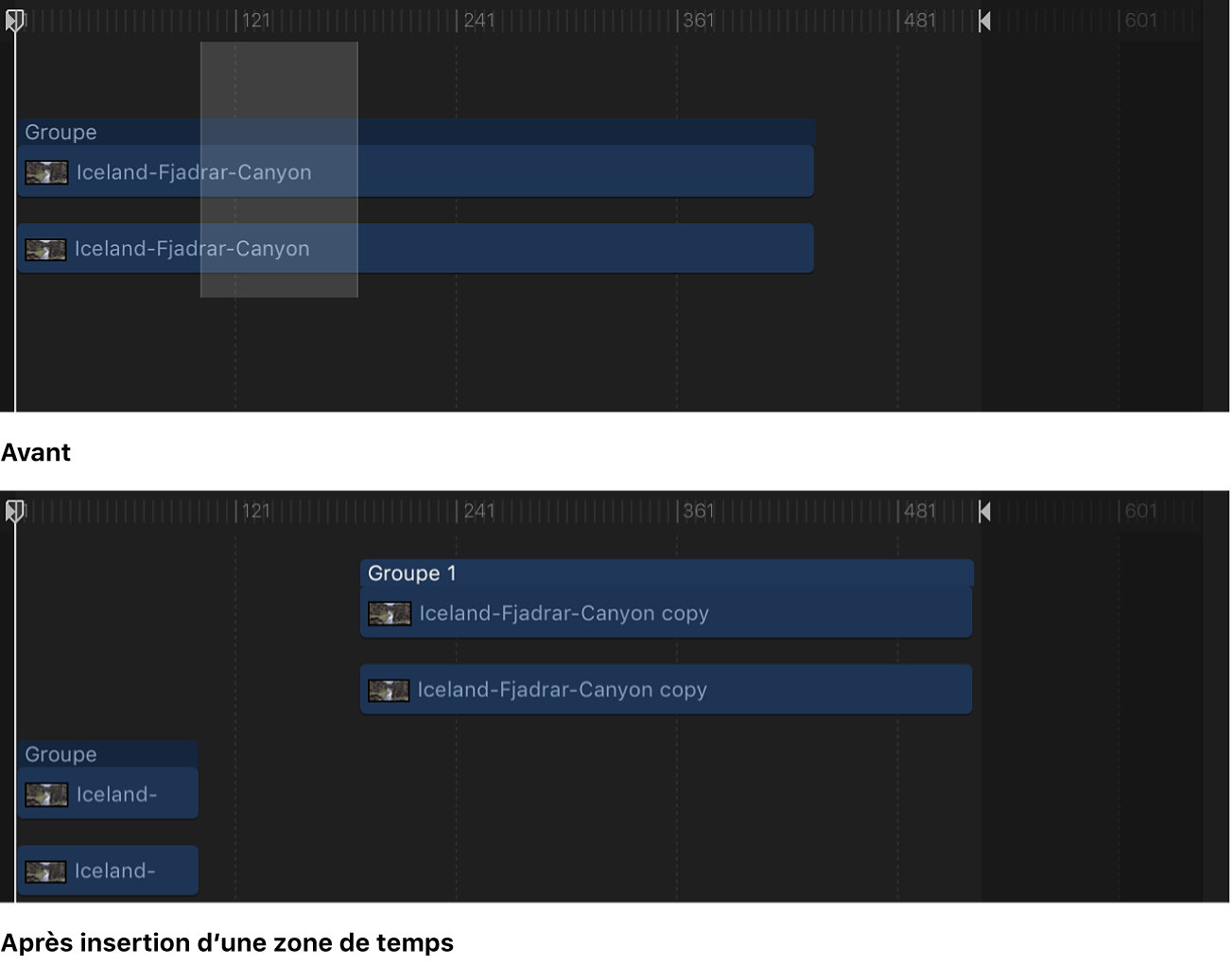 Timeline affichant un espace vide inséré dans une séquence