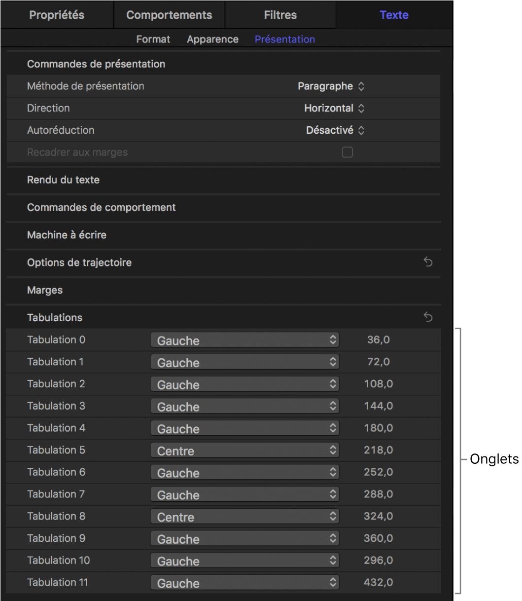 Options de l’inspecteur de texte pour un fichier RTF importé contenant des tabulations