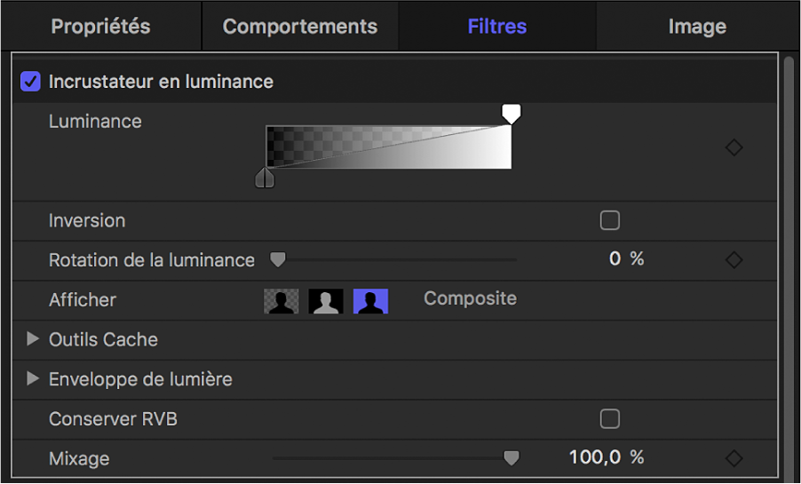 Commandes du filtre Incrustateur en luminance