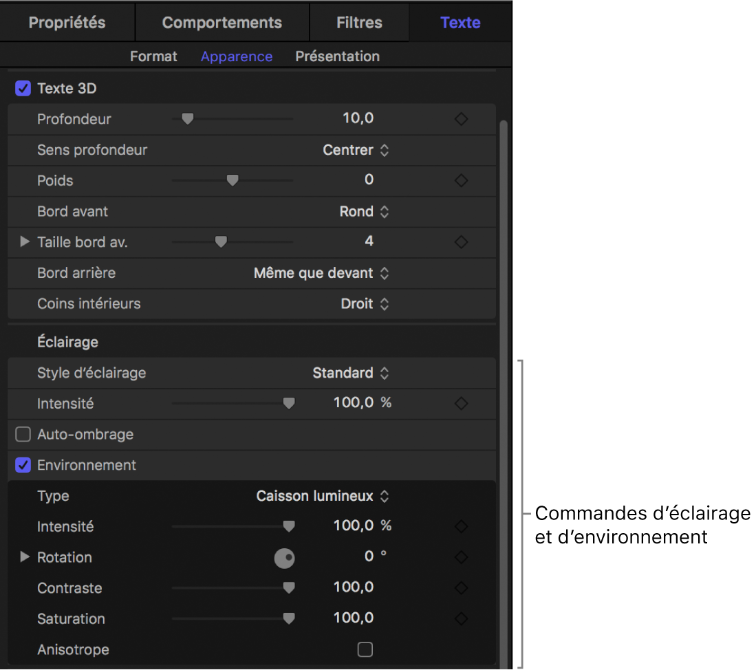 Commandes Éclairage dans la fenêtre Apparence de l’inspecteur de texte
