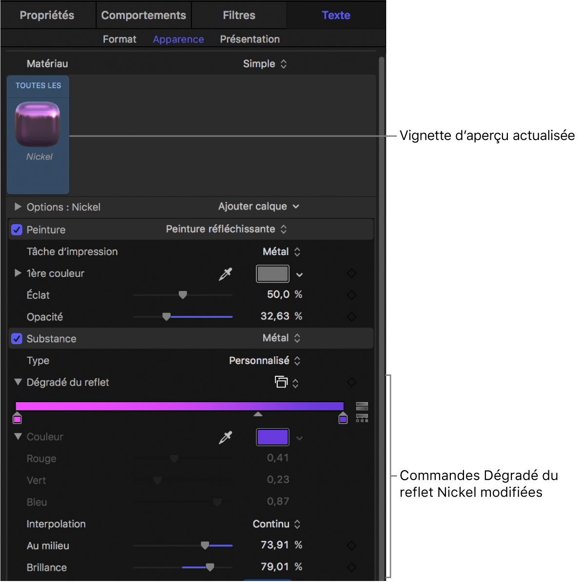 Commandes Dégradé du reflet Nickel modifiées et vignette d’aperçu actualisée dans la fenêtre Apparence de l’inspecteur de texte